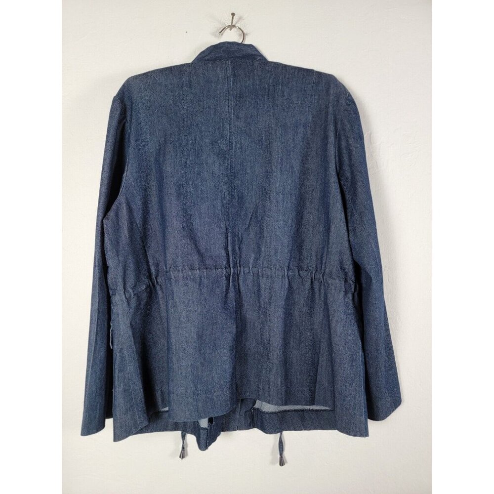 Sandro Women Zip Snap Up Chambray Jacket Size 1X Blue Drawstring Pockets Stretch - Picture 2 of 8